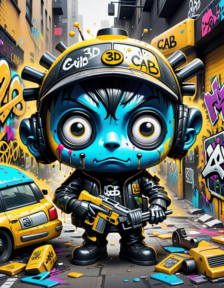 "(3D, yellow cab fused with a gun 1.5), 3D Graffiti-art, (ne...