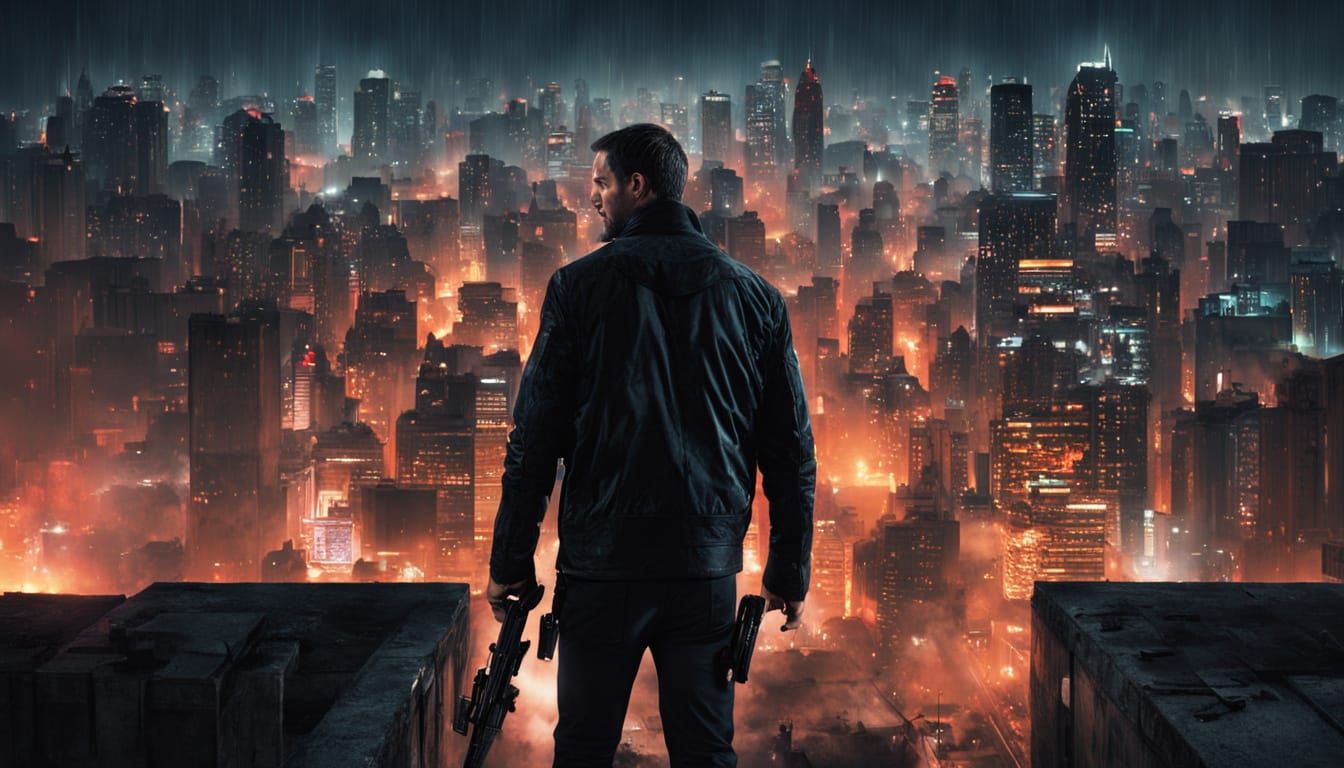 Ruthless Assassin Exudes Intensity on Rainy Rooftop