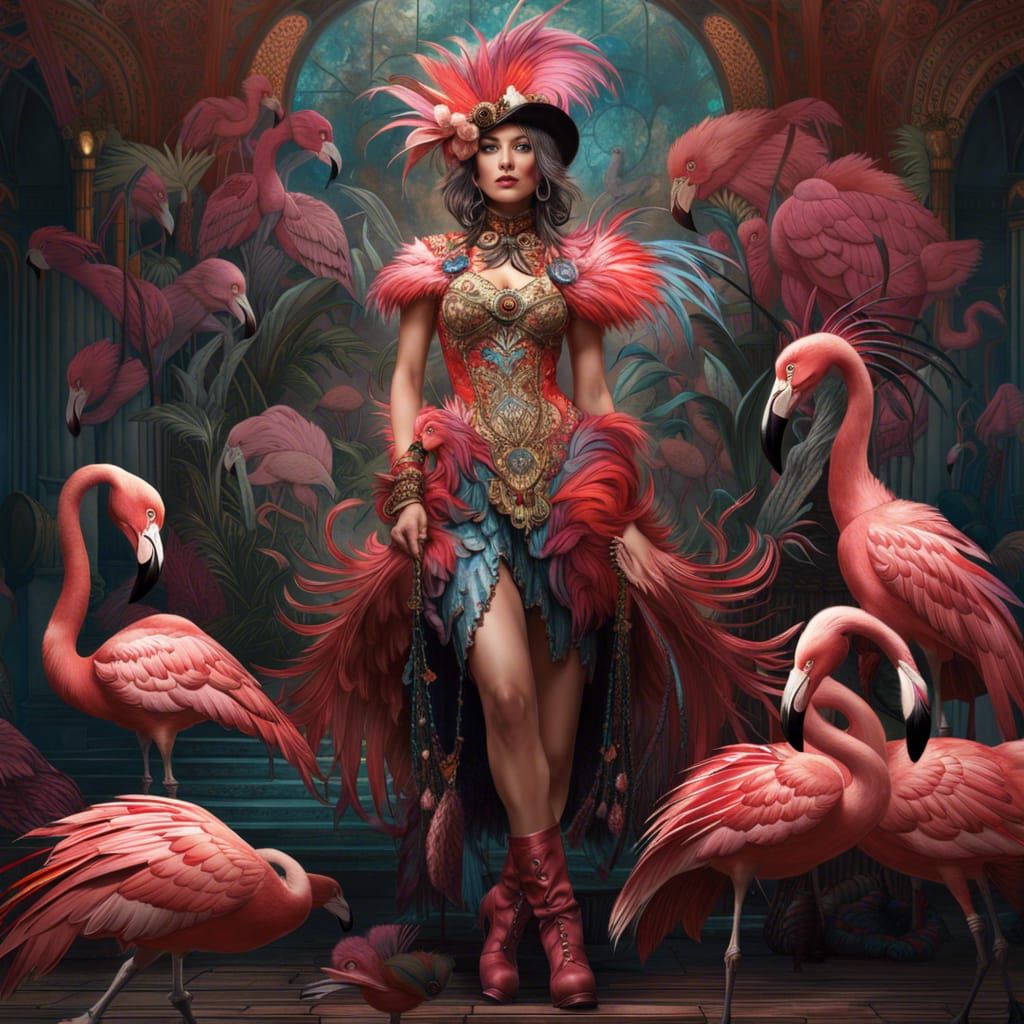Woman in Flamingo Feathered Dress: Fantasycore Art