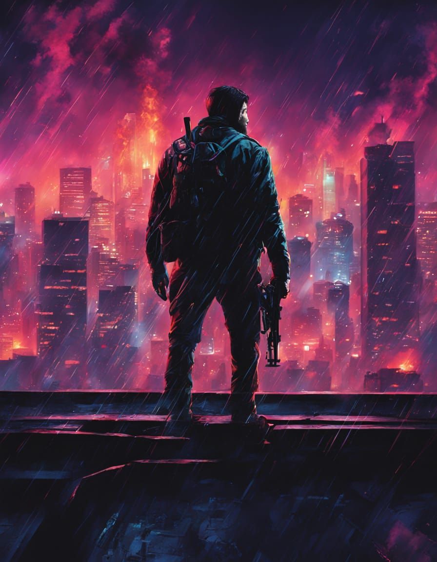 Mysterious Assassin Stands Tall Amidst Neon City Chaos in Da...