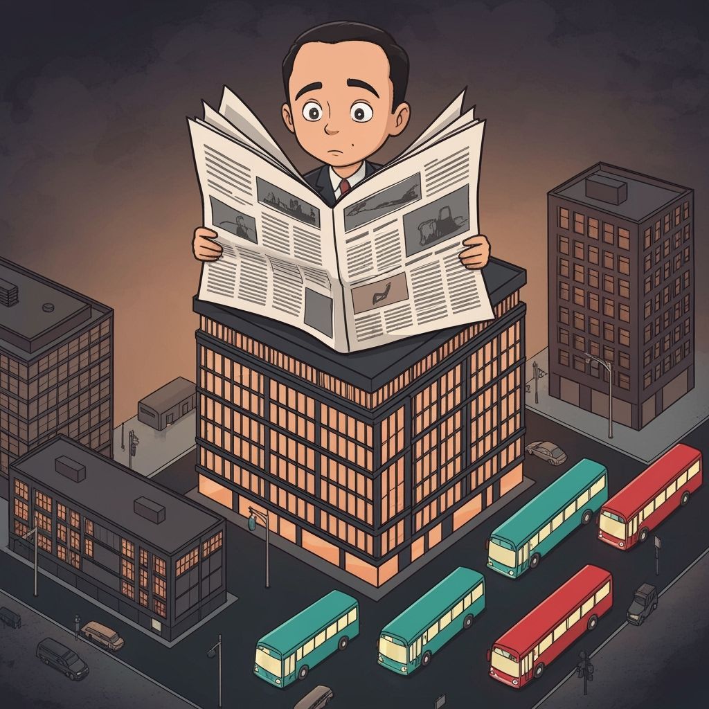 Man Reads Newspaper Atop Building With Glowing Buses Below