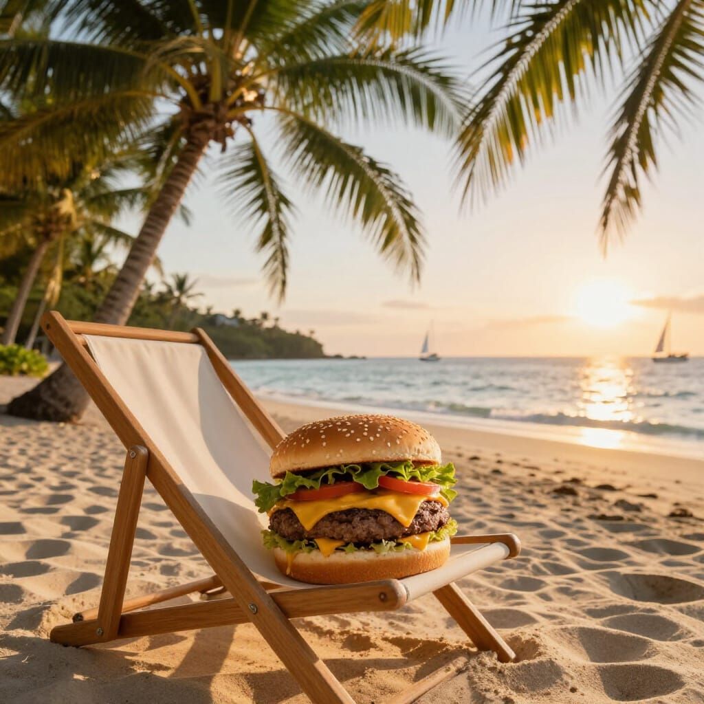 Cheeseburger Relaxation on Tropical Beach Sunset