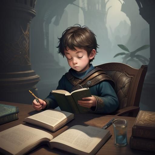 Enchanting Child Lost in a Book, Detailed Matte Painting