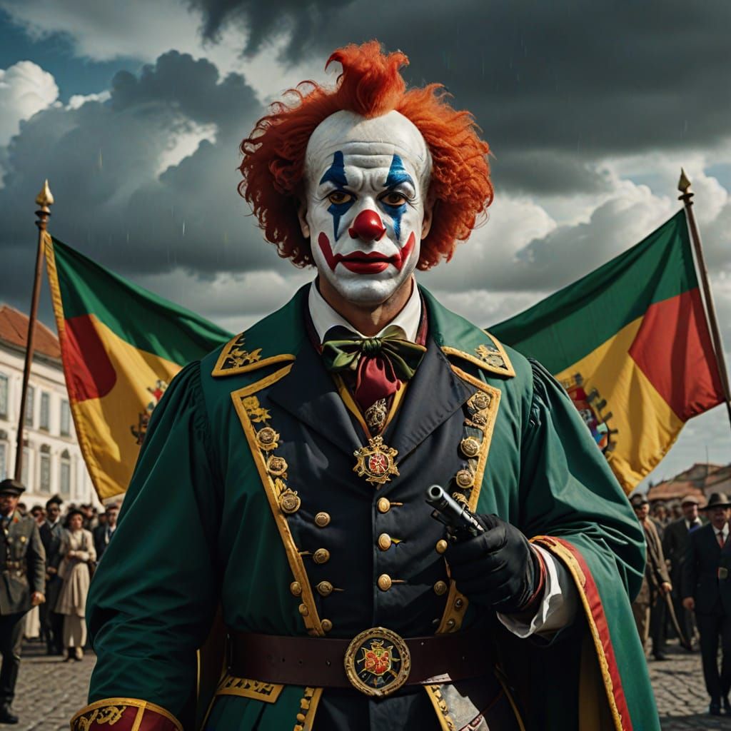 Portuguese Clown Points Gun at Target in Cinematic Film Stil...