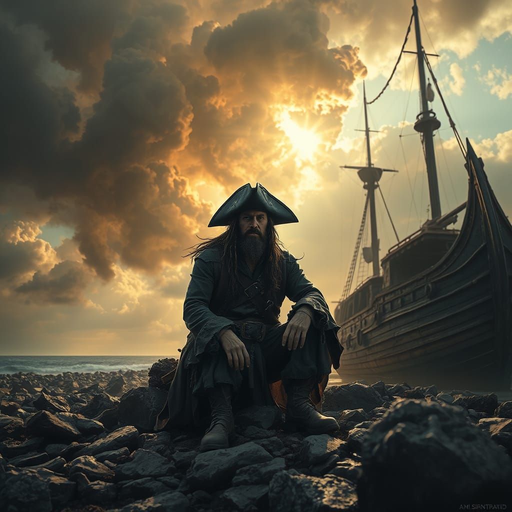 Pirate on Beach Under Ominous Sky