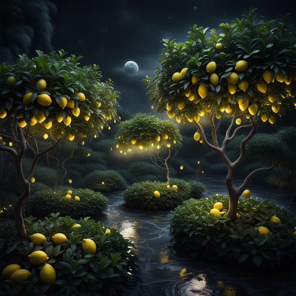 Lush Night Garden with Lemon Trees: 3D Render