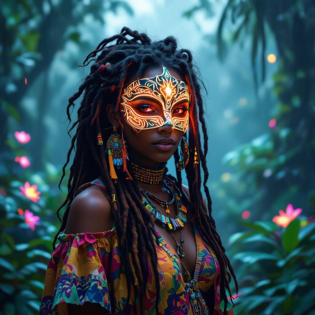 Glowing Tribal Mask in Rainforest, Hyperrealistic Portrait