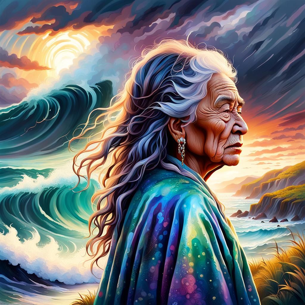 Maori Woman Weeping at Dawn in Surreal Style