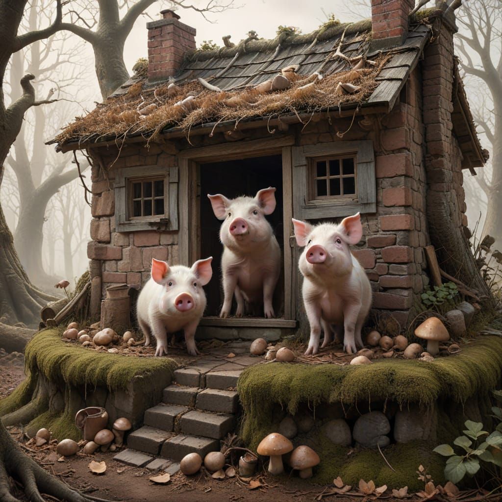 Storybook Pigs in a Snowy Forest Cottage