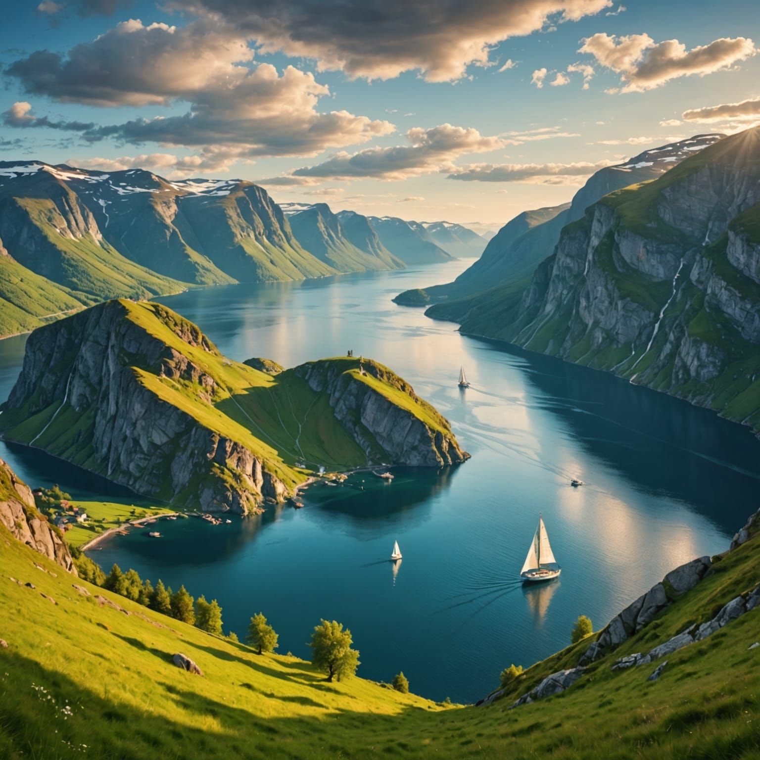 Sailboat in Fjord Under Evening Sun, Old Painting Style