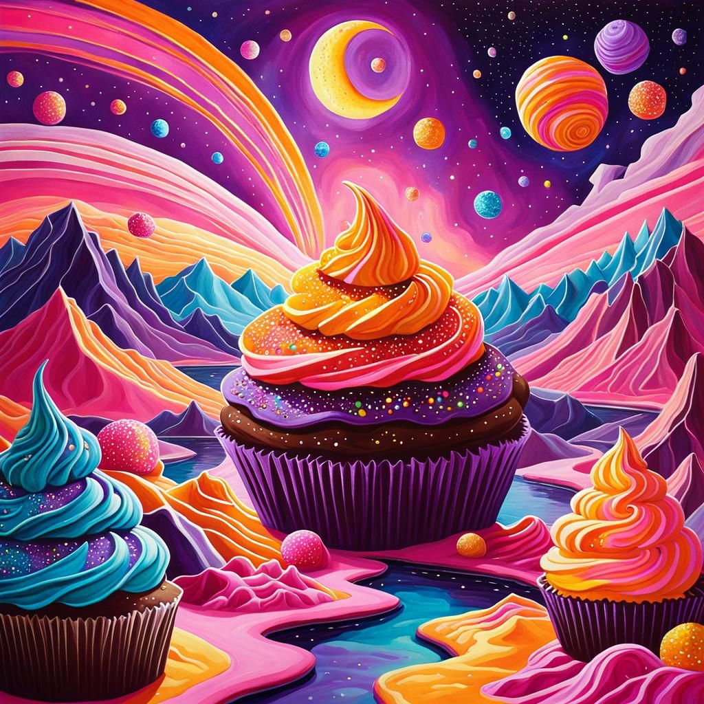 Cupcake world with frosting mountains and gumballs in the sky