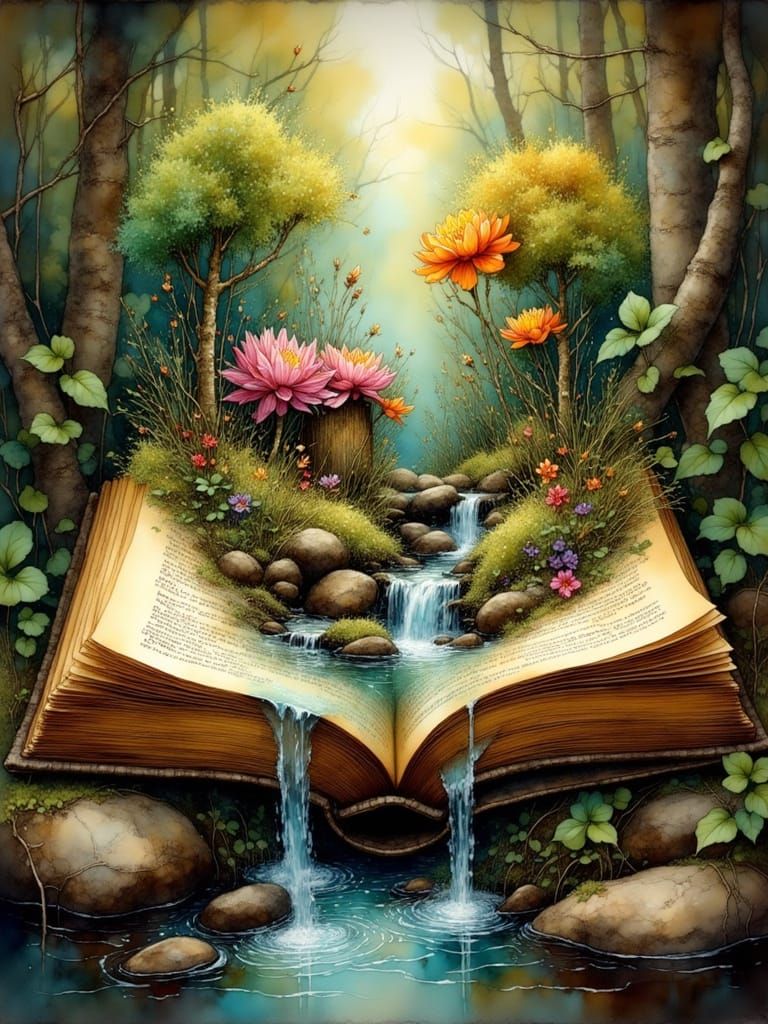 Open Book in Forest with Flowing Water