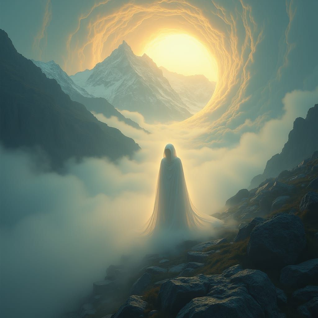 Ethereal Figure Amidst Iridescent Mist