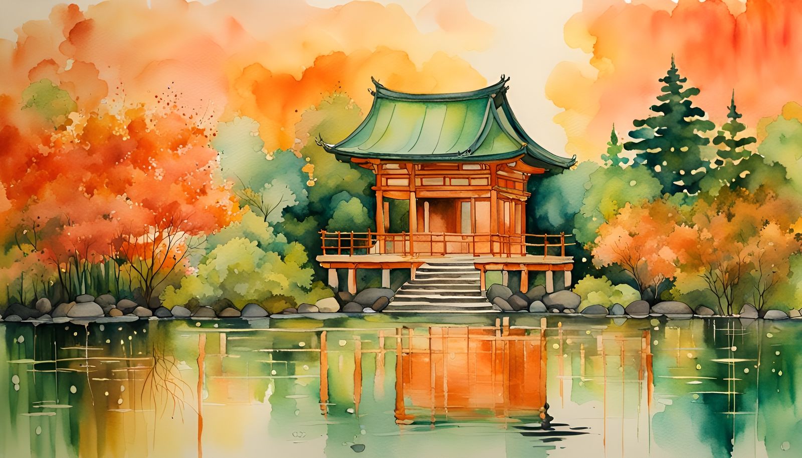 Shinto Temple on Lake Shore in Watercolour