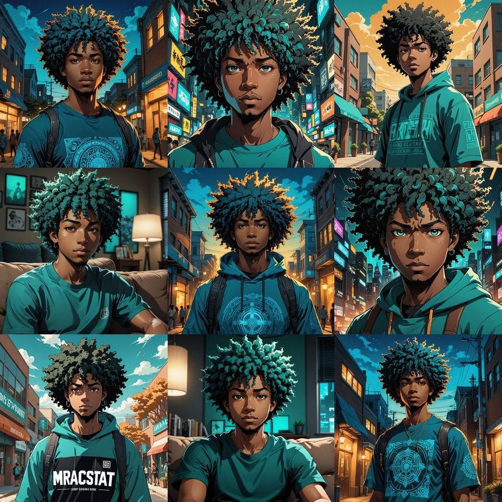 African American College Boy in Vibrant Anime Style