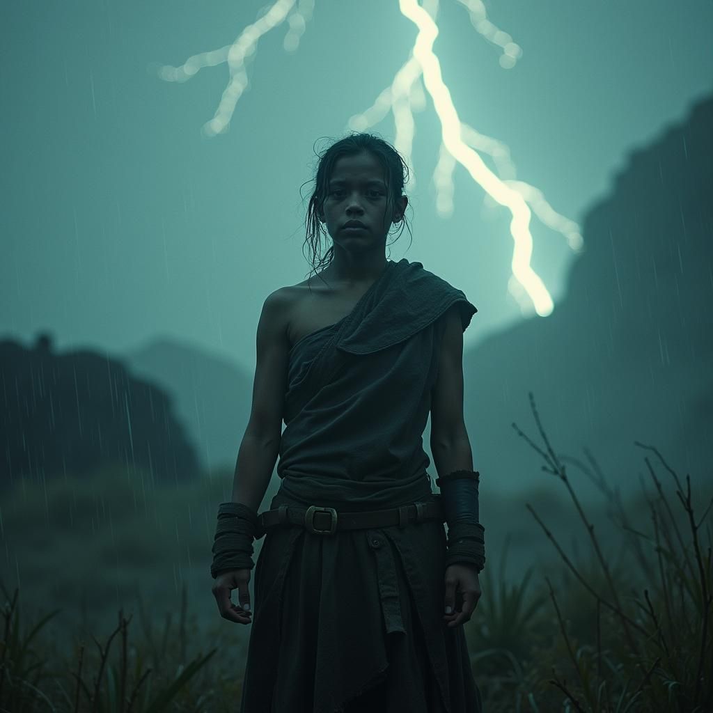 Warrior in Storm: Gritty Cinematic Film Still