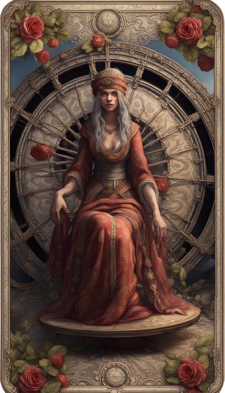 Detailed Tarot Card Depicting The Wheel of Fortune