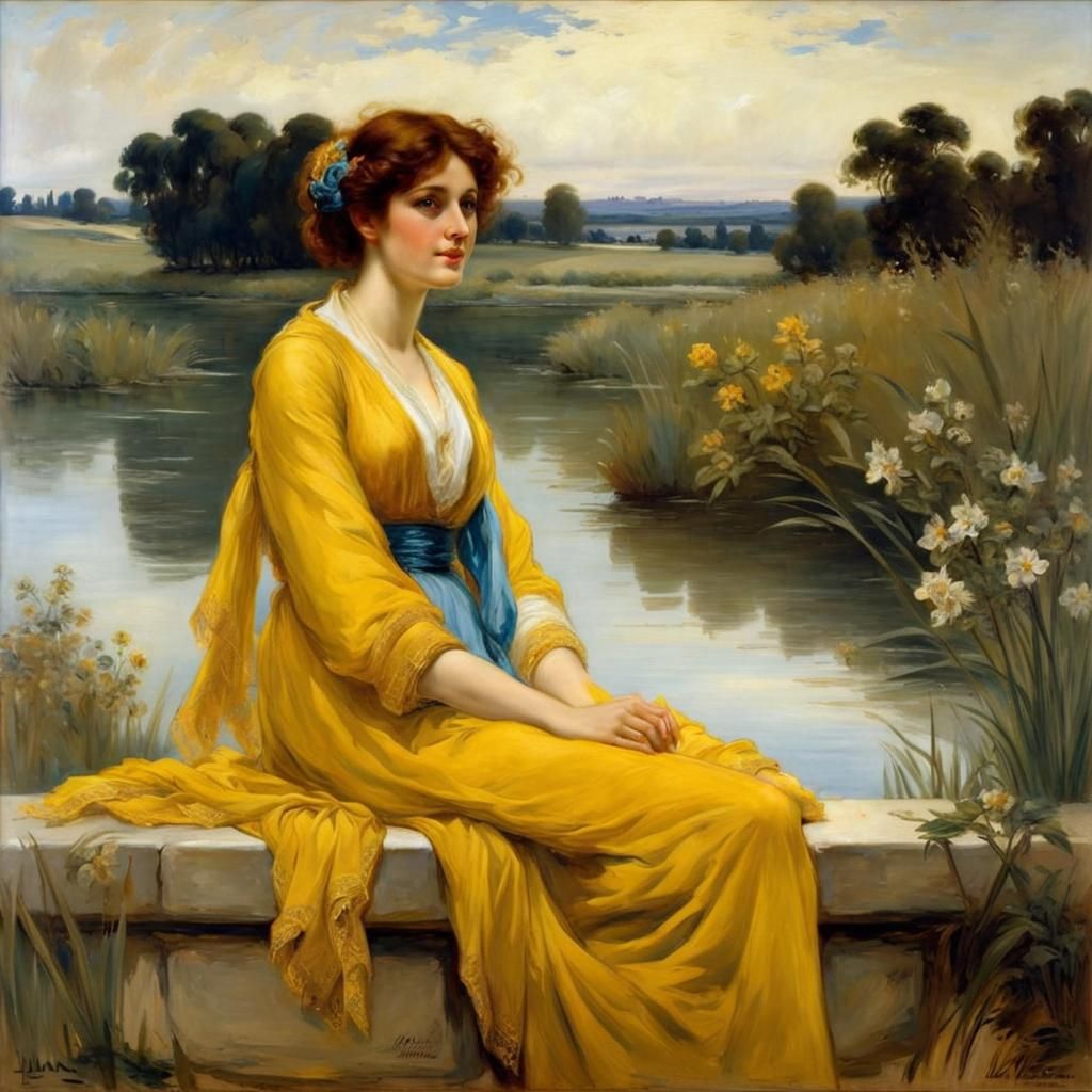 Victorian Woman at Riverbank in Academic Realism