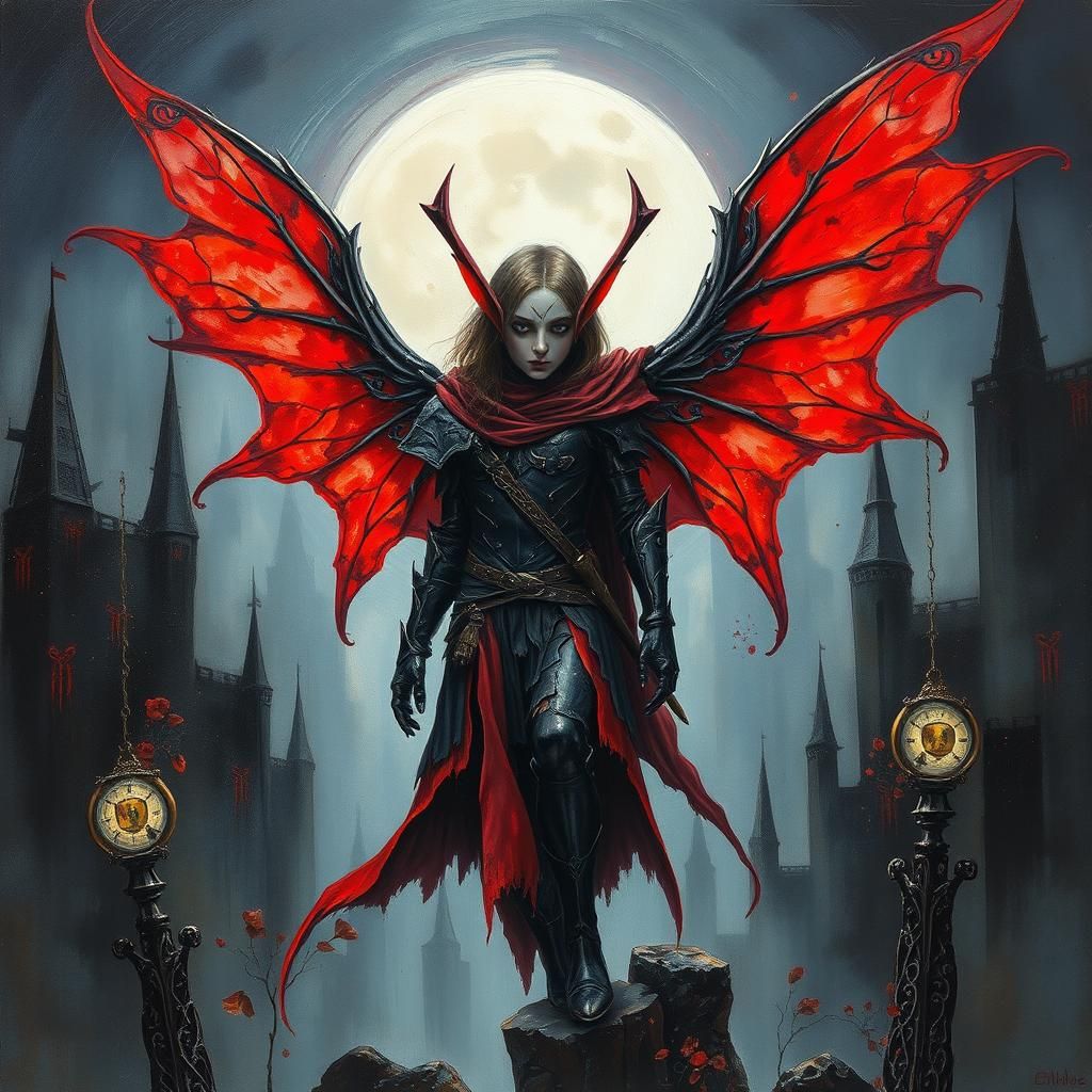 Fairy Elf in Dystopian Cityscape, Watercolor Style