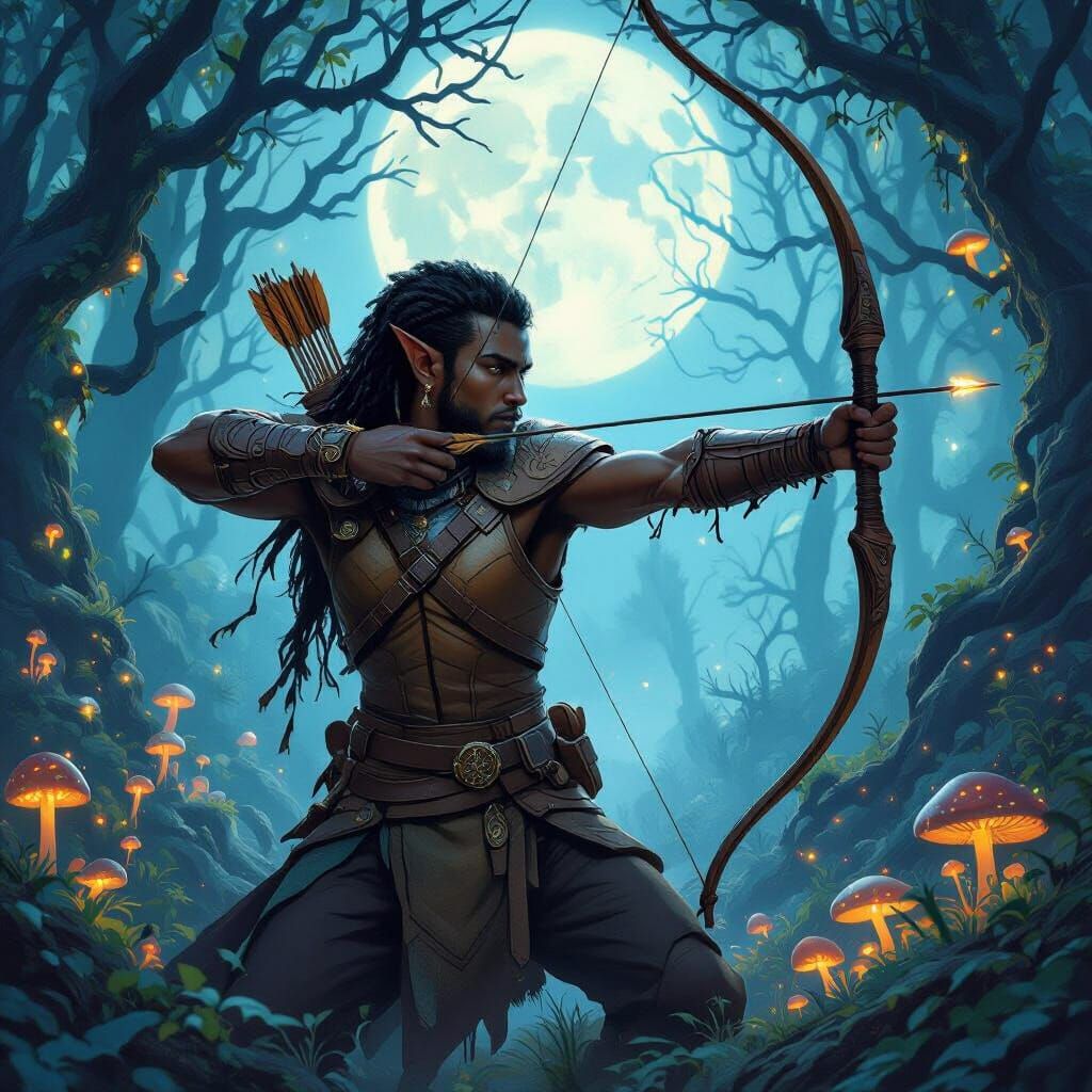 Half-Elf Archer in Moonlit Forest: Fantasy Illustration