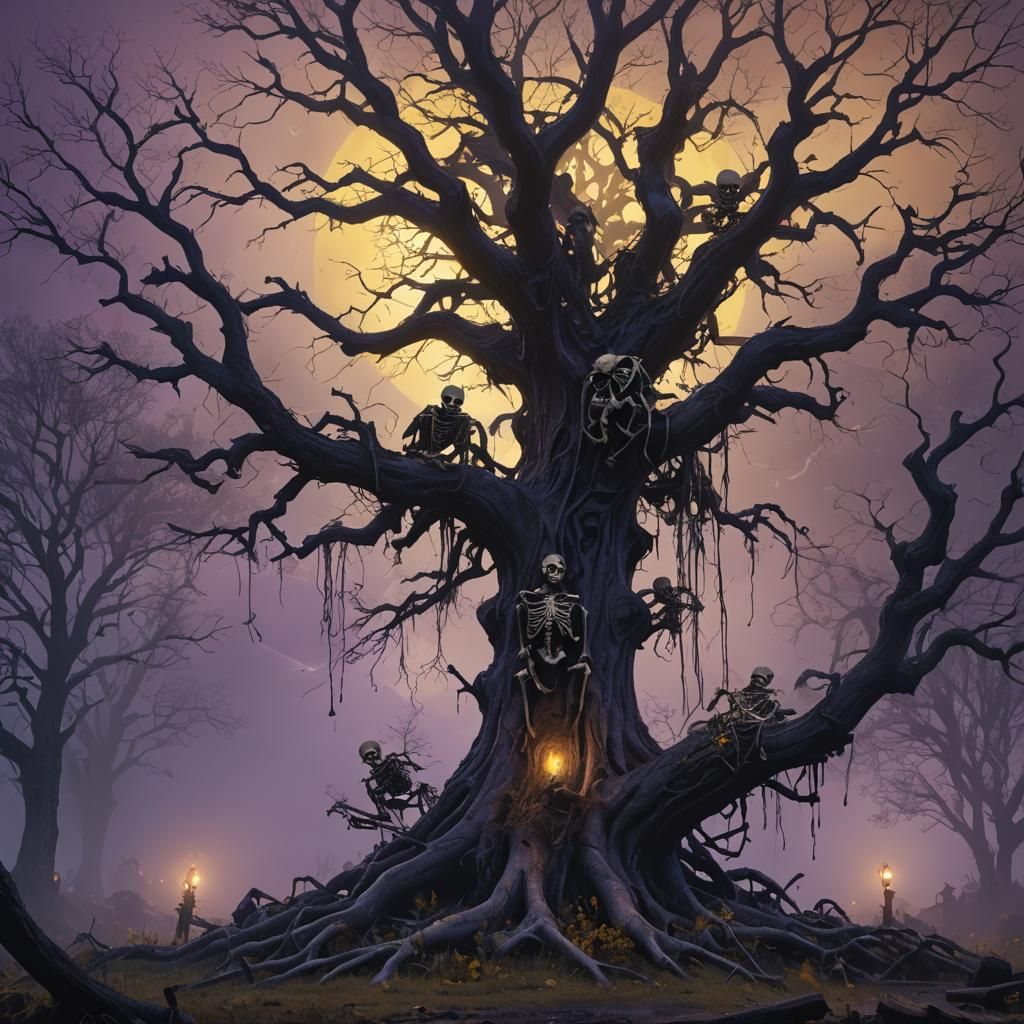 Skeletons Embrace Dying Tree in Dark Fantasy Style