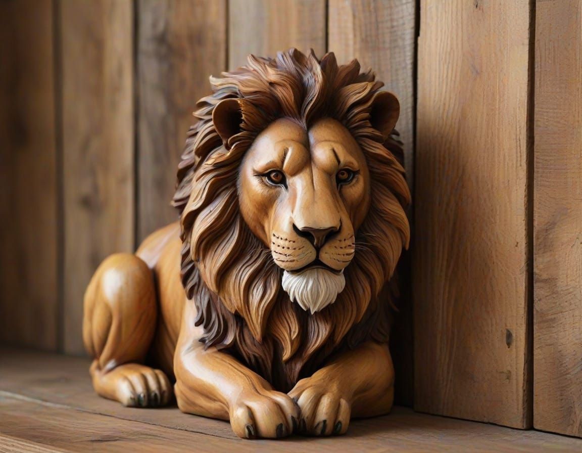 Earthy Wooden Lion Figurine in Earthy Tone