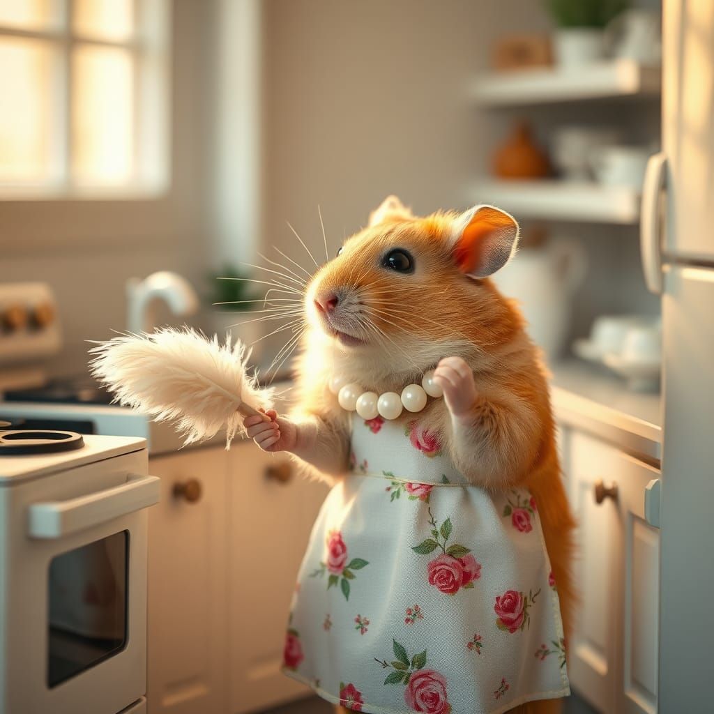 Hamster Housewife Cleaning Miniature Kitchen