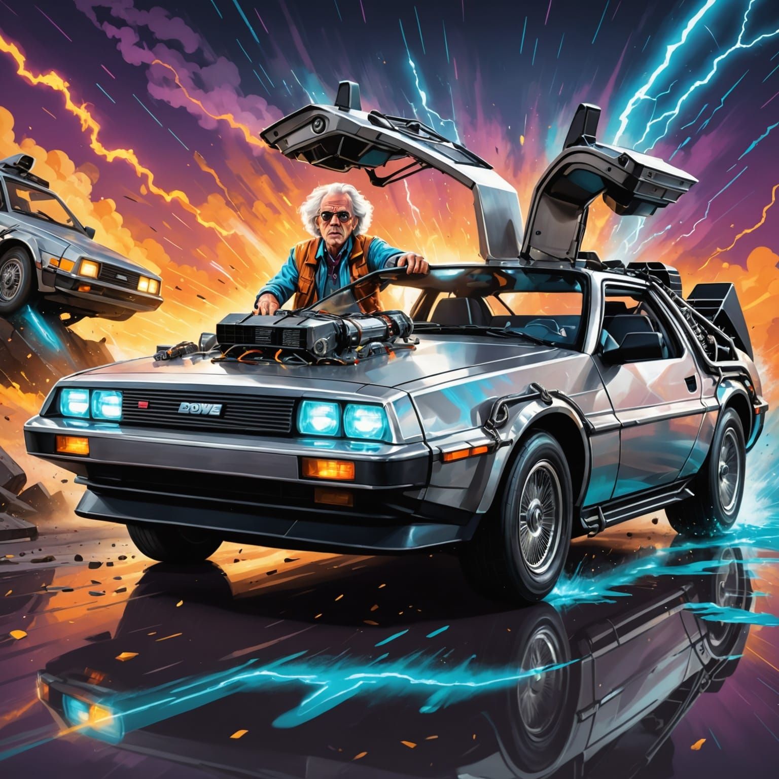 Doc Brown and DeLorean Time Machine: Hyperrealistic Splash A...