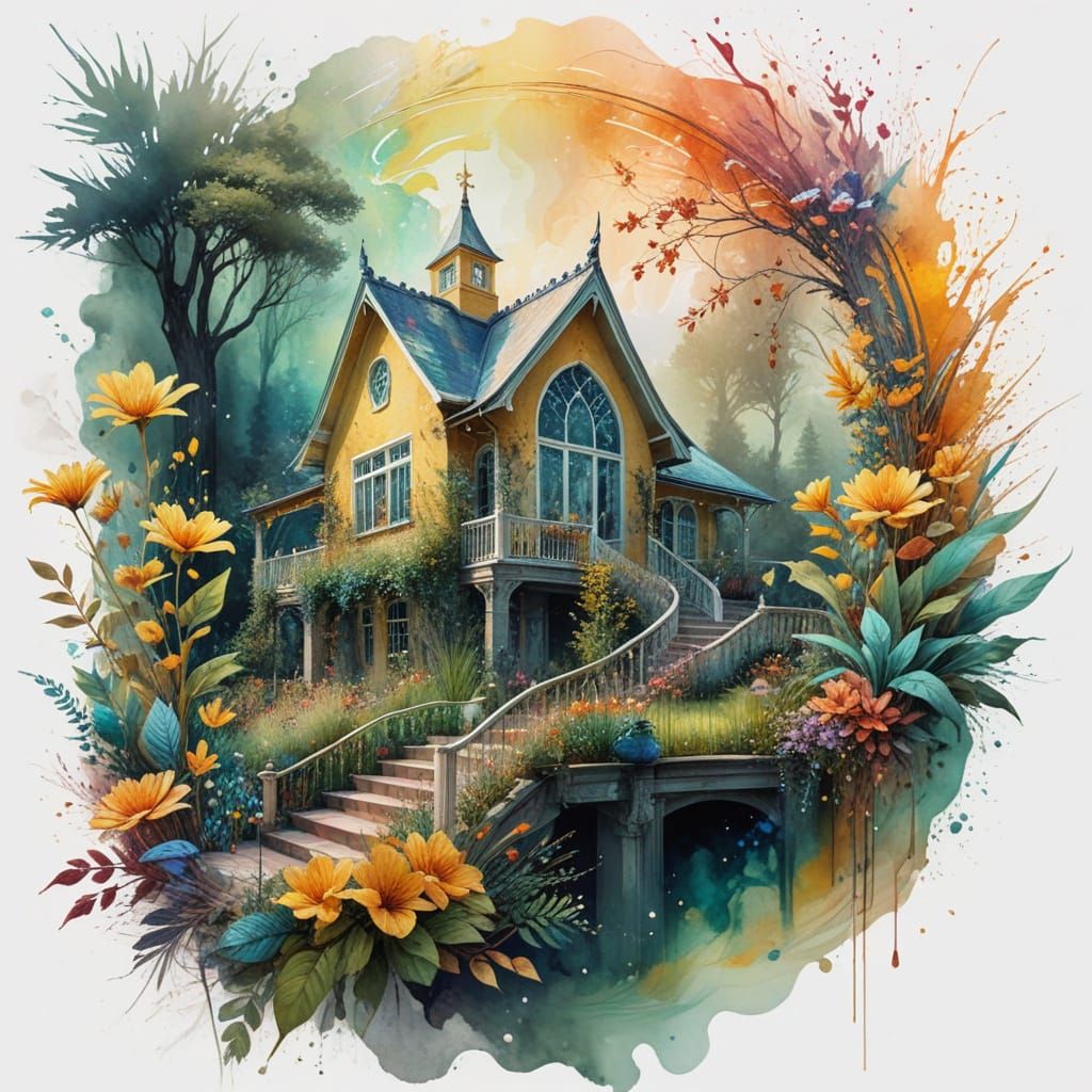 Surreal Garden Oasis in Watercolor Style