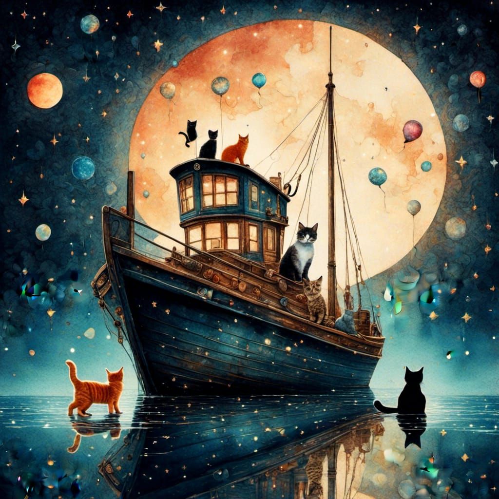 Vintage Watercolor: Fishing Boat with Cats