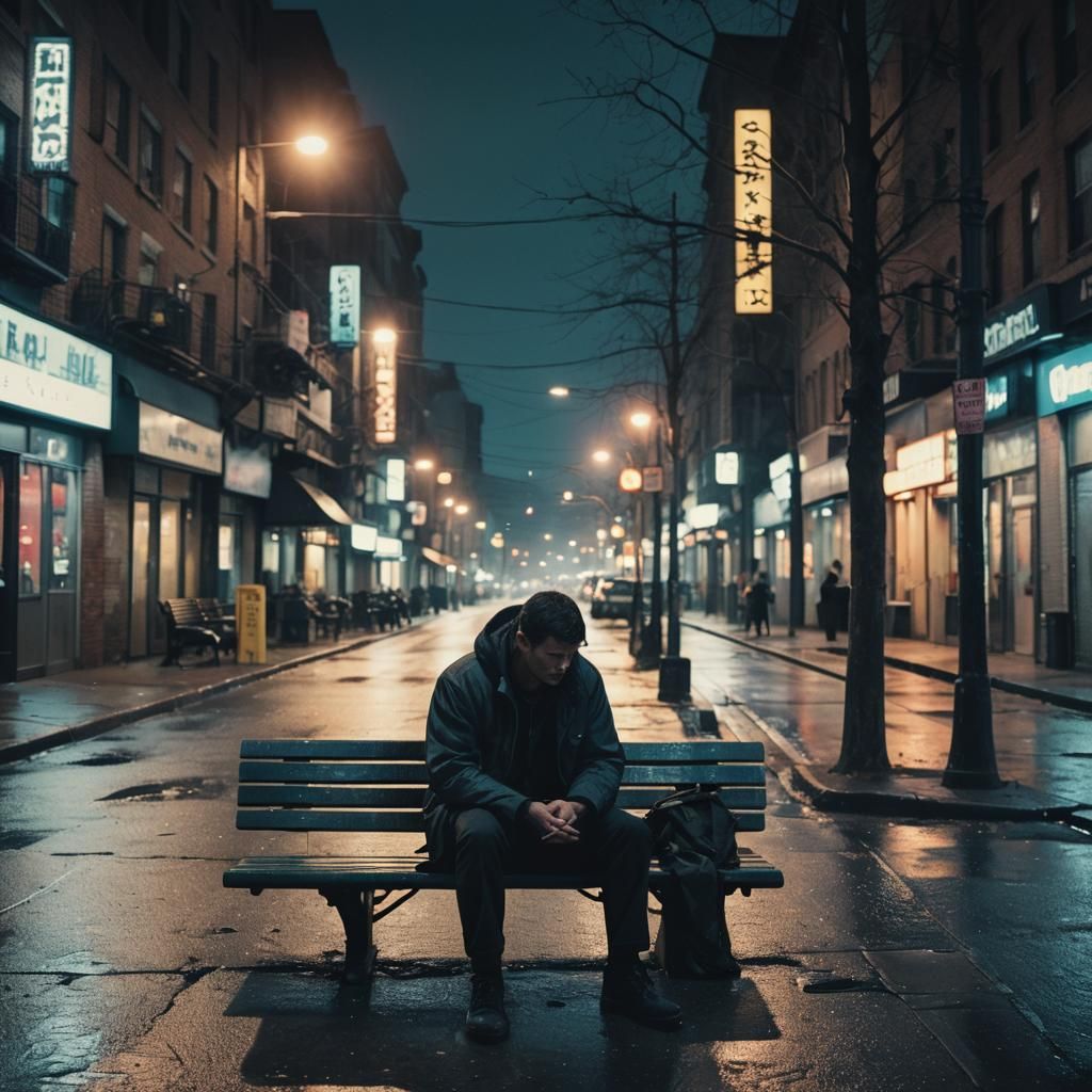 Man on Desolate Street Bench in Moody Lighting