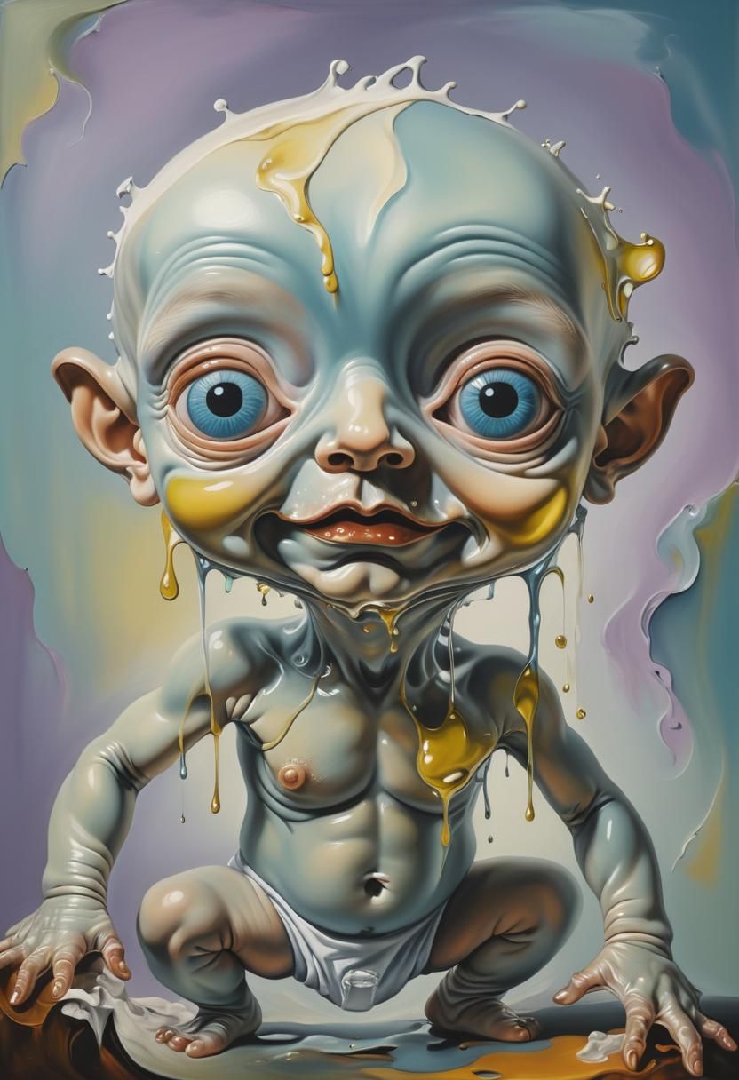 Surreal Hairless Baby in Melting Oil on Canvas
