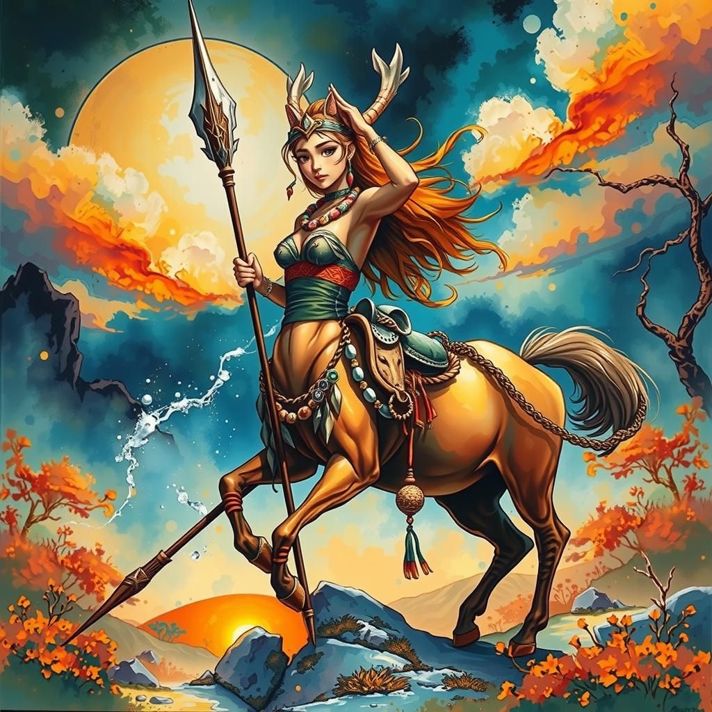 Centaur Lancer in Semiarid Sunset, Alcohol Ink Art