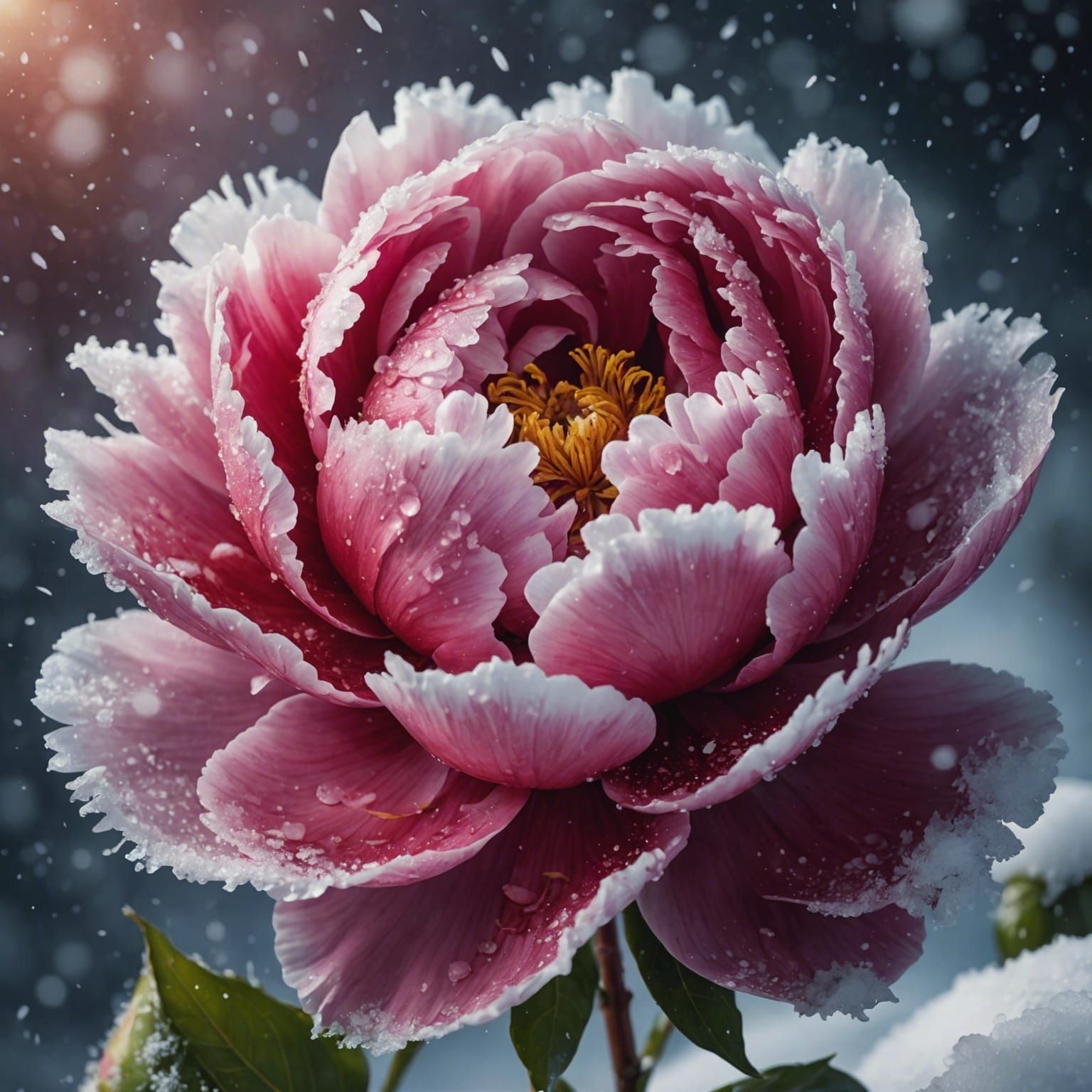 Hyperrealistic Frozen Peony in Splash Art Style