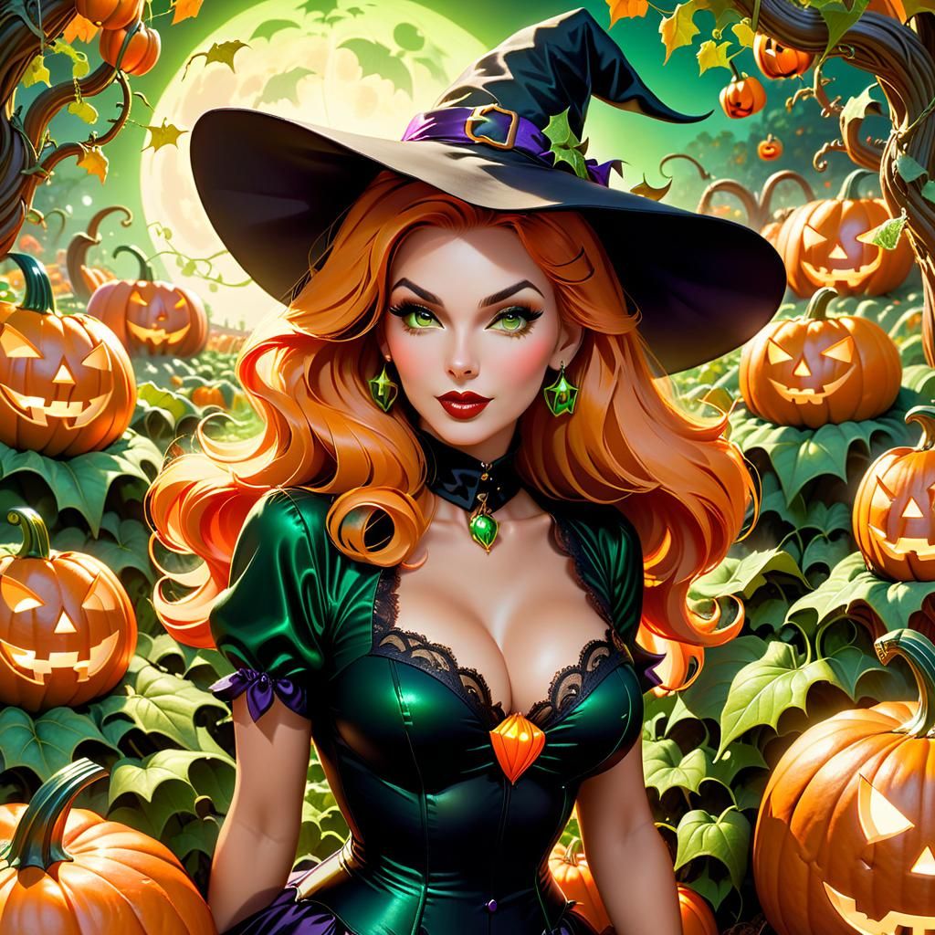 Beautiful Witch in Pumpkin Patch: Hyperrealistic Pin-Up Art
