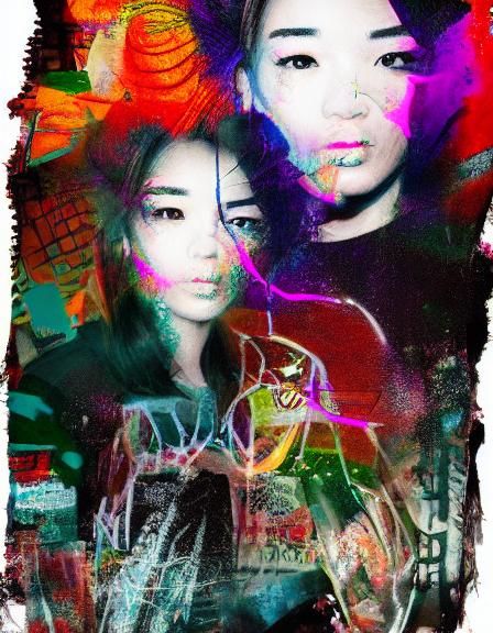 Hyperreal Double Exposure: Girl with Fox in Graffiti Art