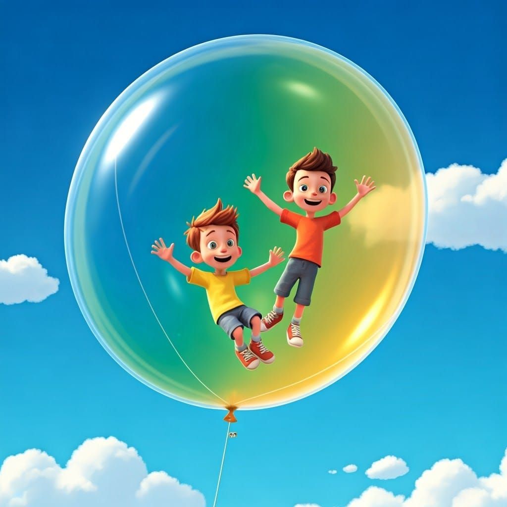 Whimsical 3D Scene of Boys in a Colorful Balloon