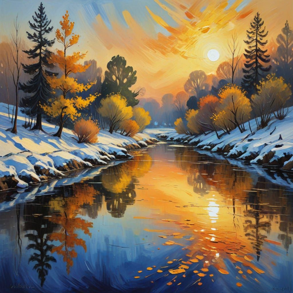 Warm Sunset Over Snowy Winter River Landscape in Earthy Wate...