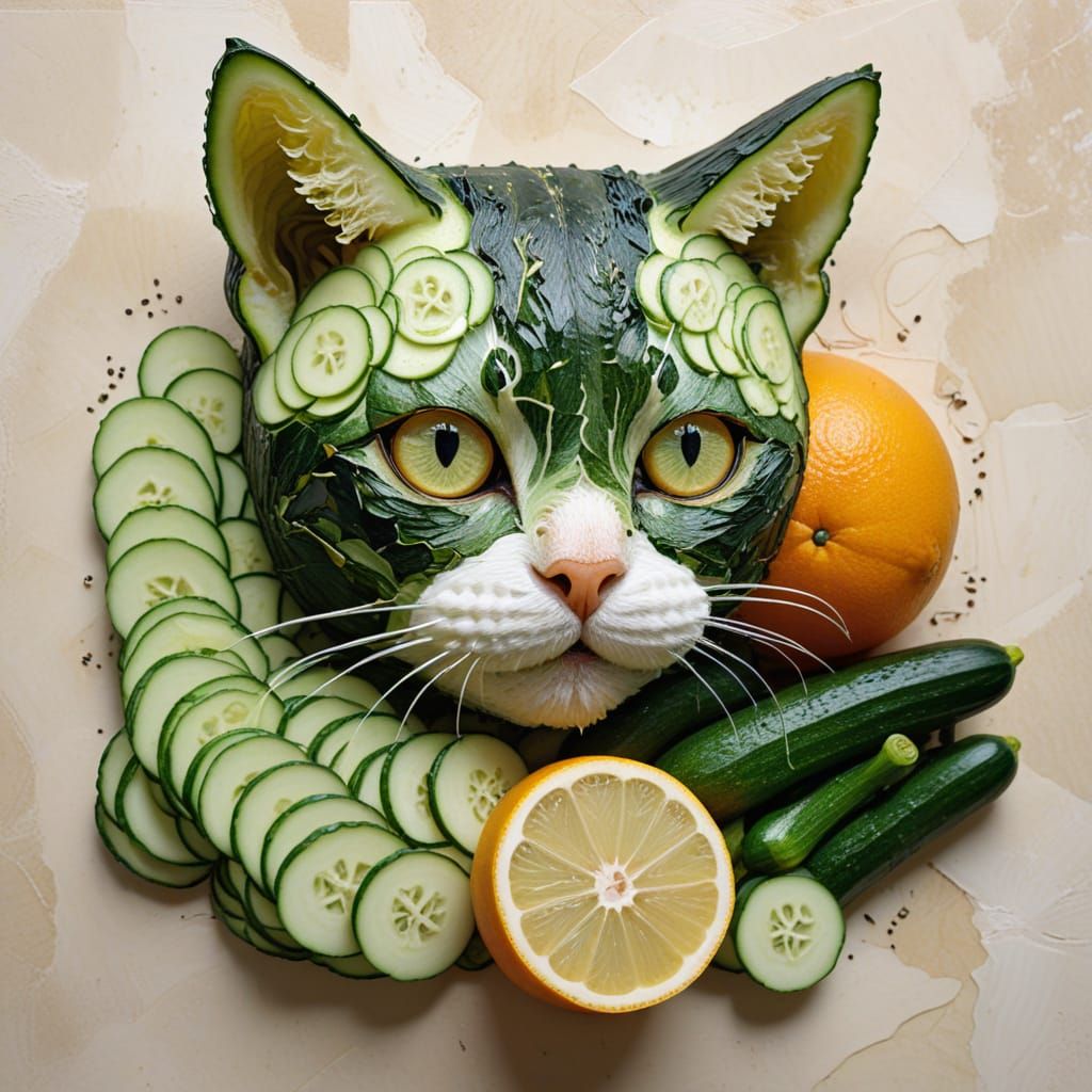 Whimsical Feline Formed from Citrus and Vegetables in a Drea...