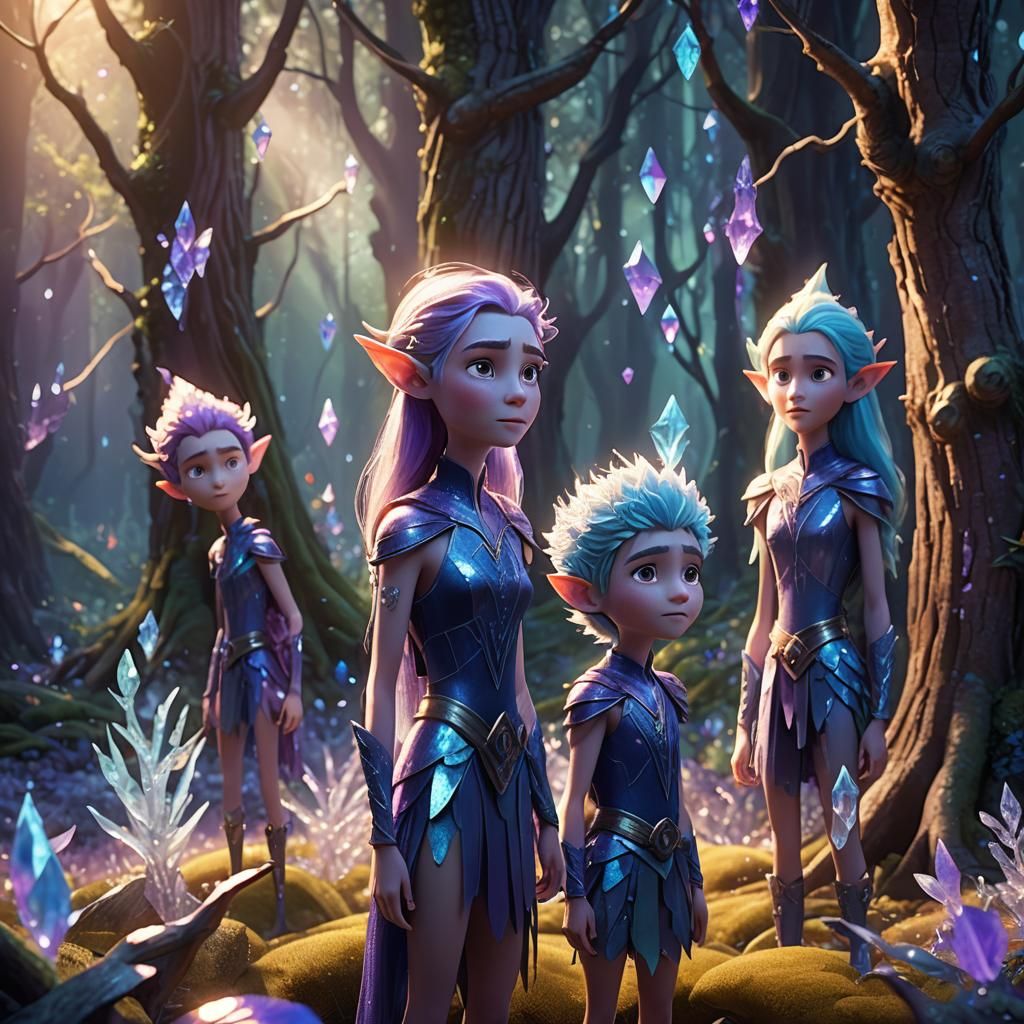 Elves with Crystallized Hair in Mystical Forest