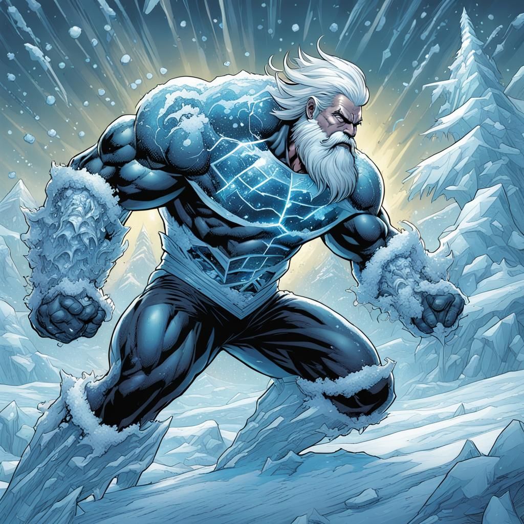 Muscular Ice Man with Ice Powers in Comic Book Art
