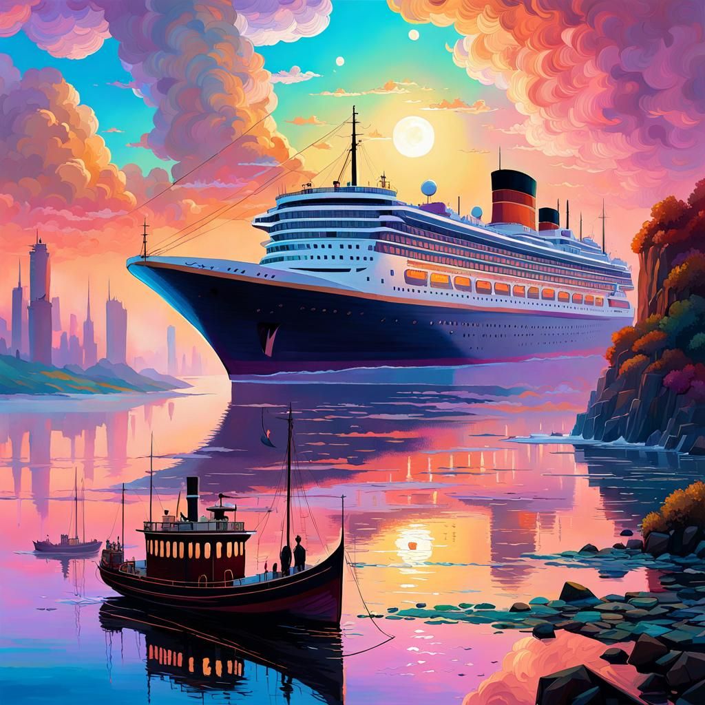 Tug Boats Pulling Cruise Ship: Pointillist Pastel Art