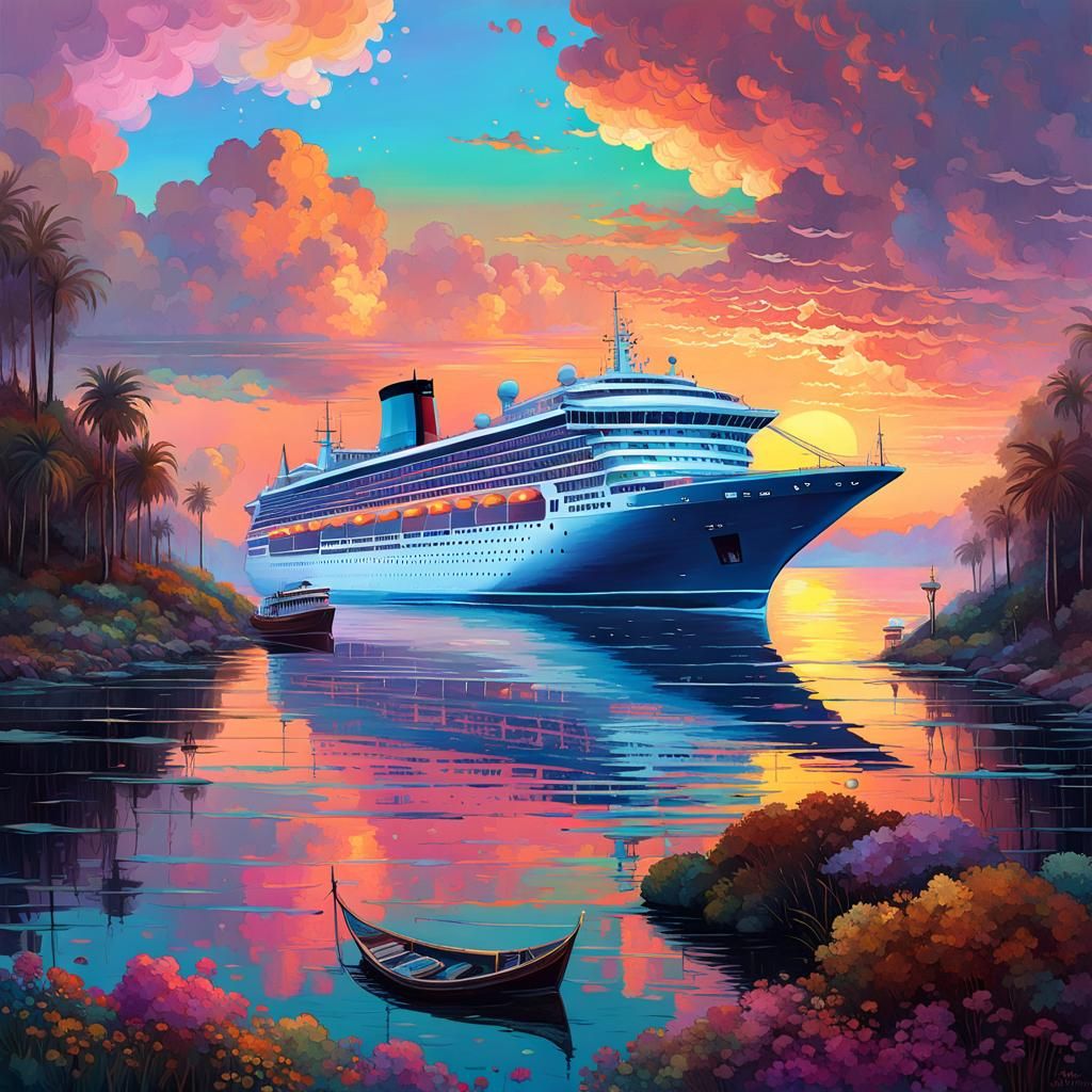 Tug Boats Guide Cruise Ship: Pointillism in Pastel