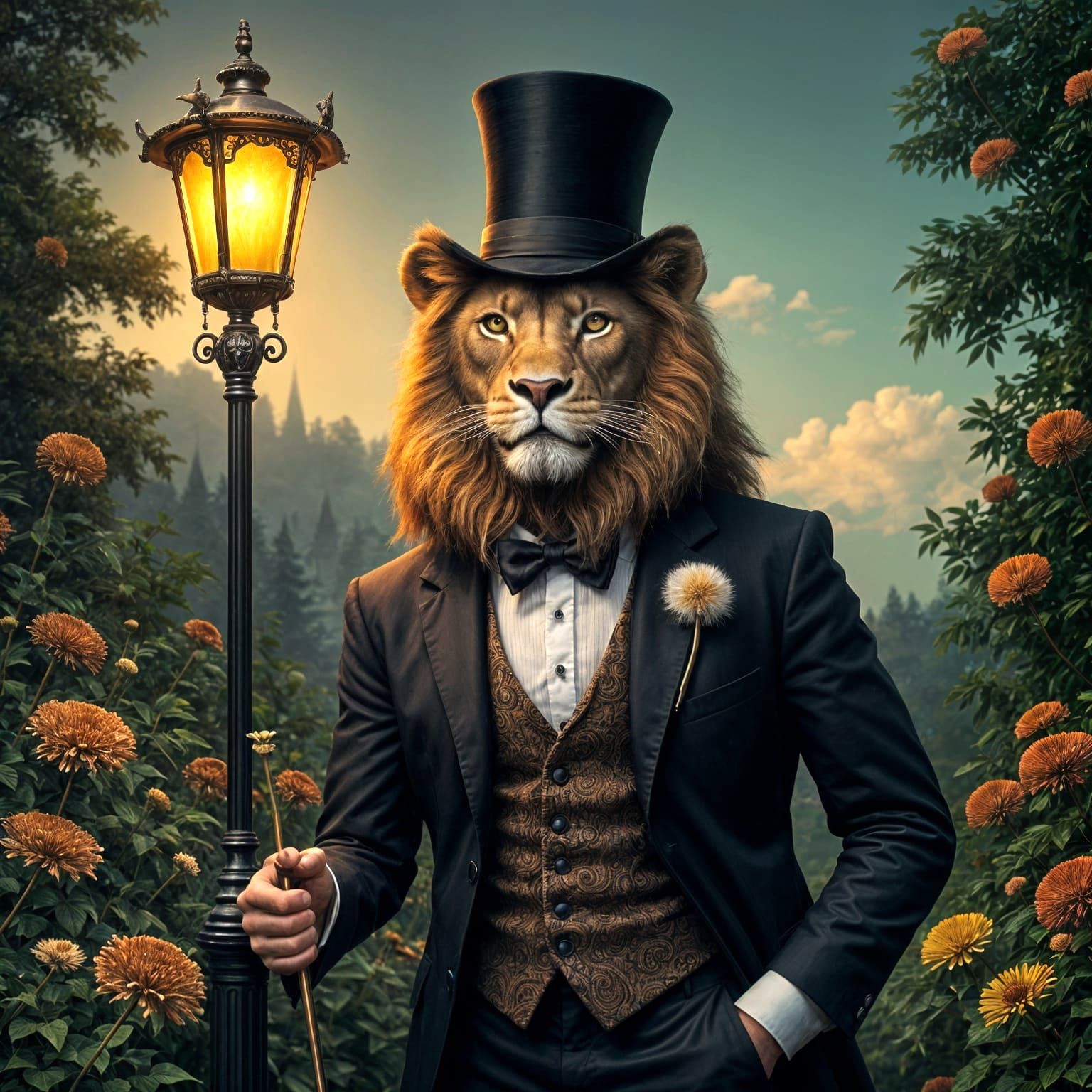 Dapper Lion in Formal Garden at Dusk