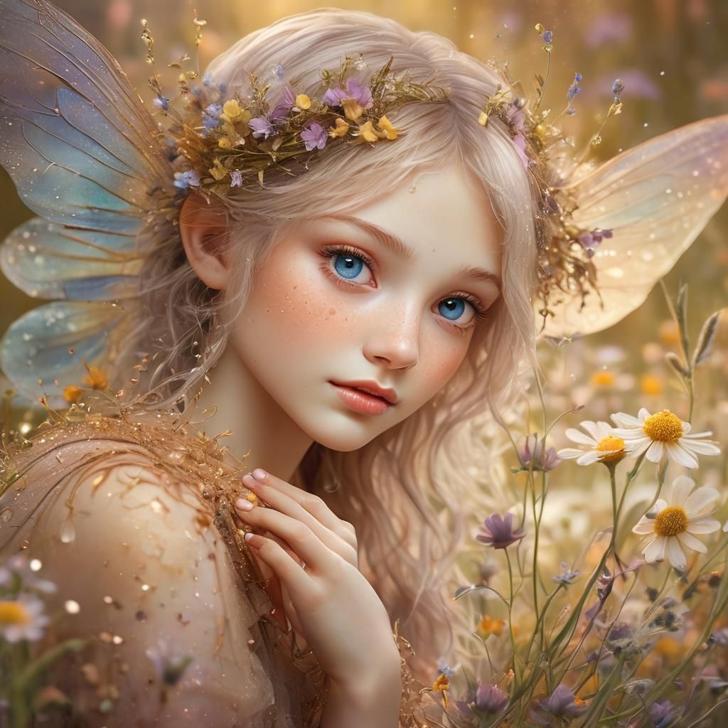 Whimsical Faerie in Dewy Wildflowers, Inspired by Rackham