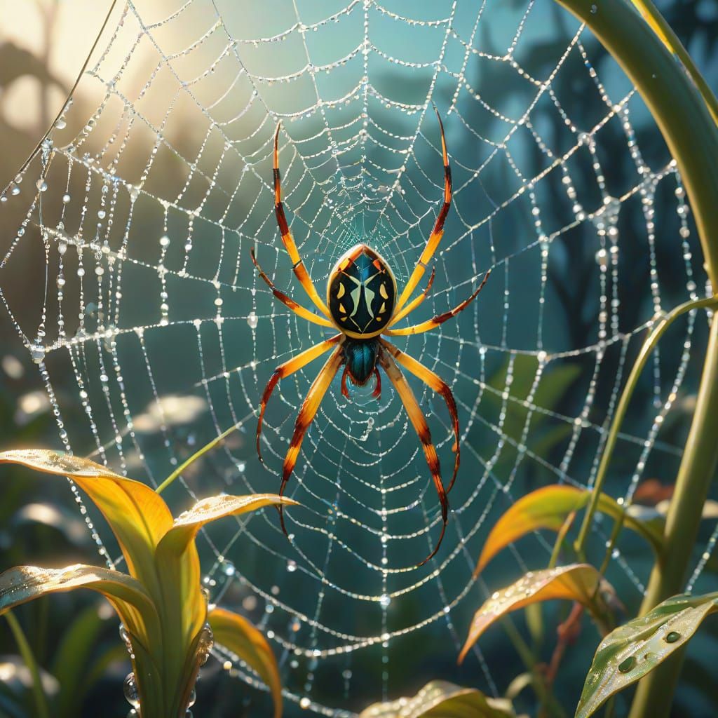 Surreal Banana Spider in a Glittering Web
