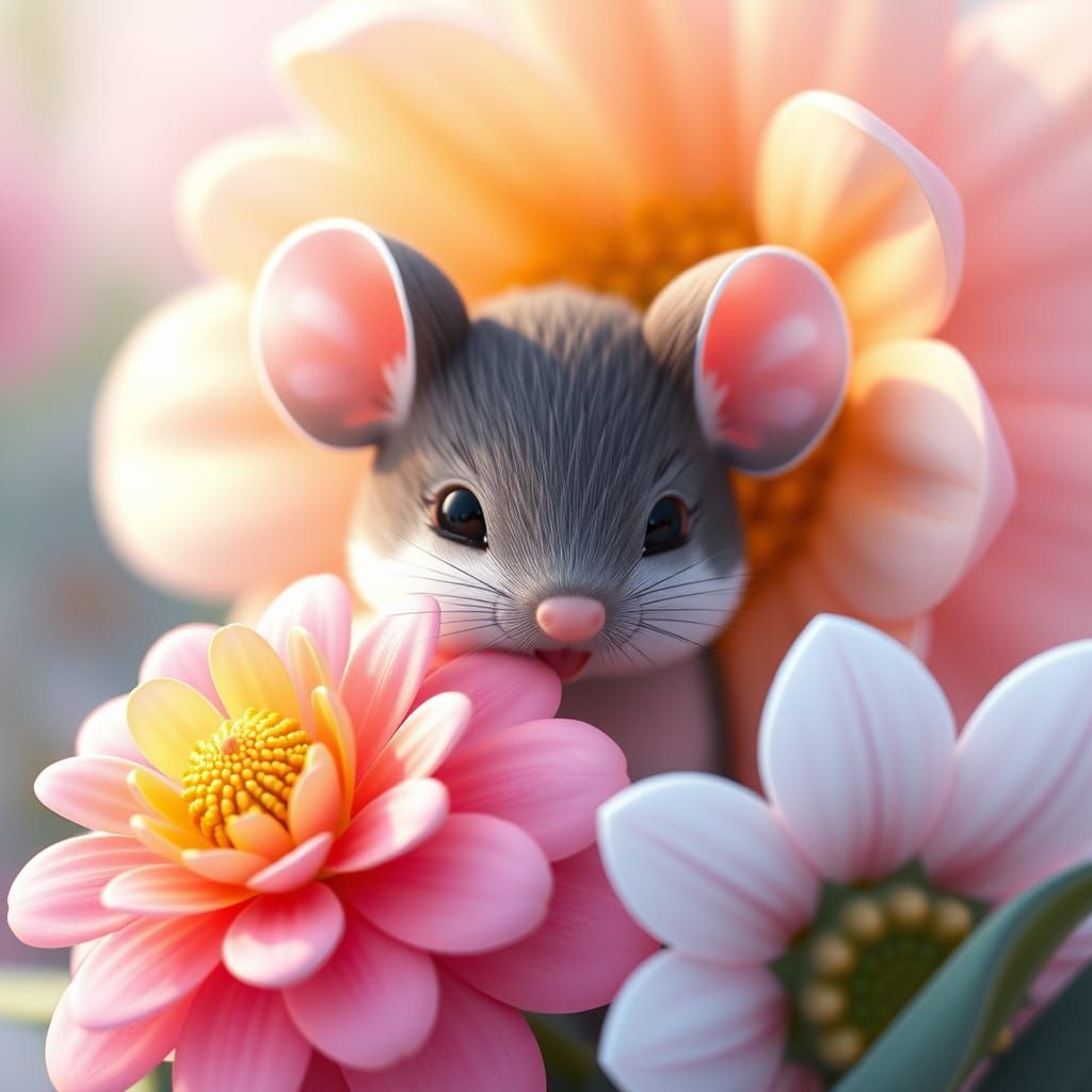 Cute Shy Mouse Peeking From Flower in Anime Style