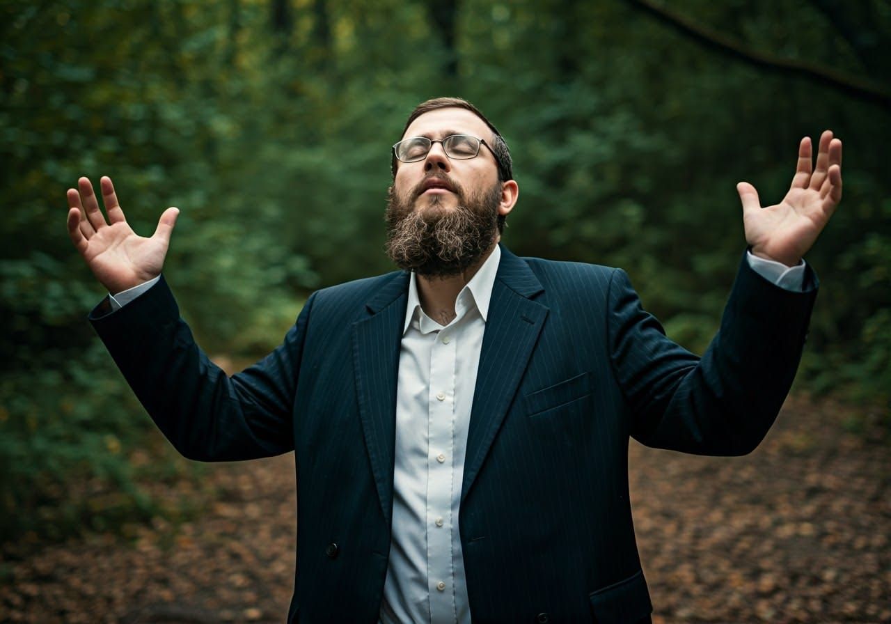 Hasidic Man in Forest: Cinematic Film Still