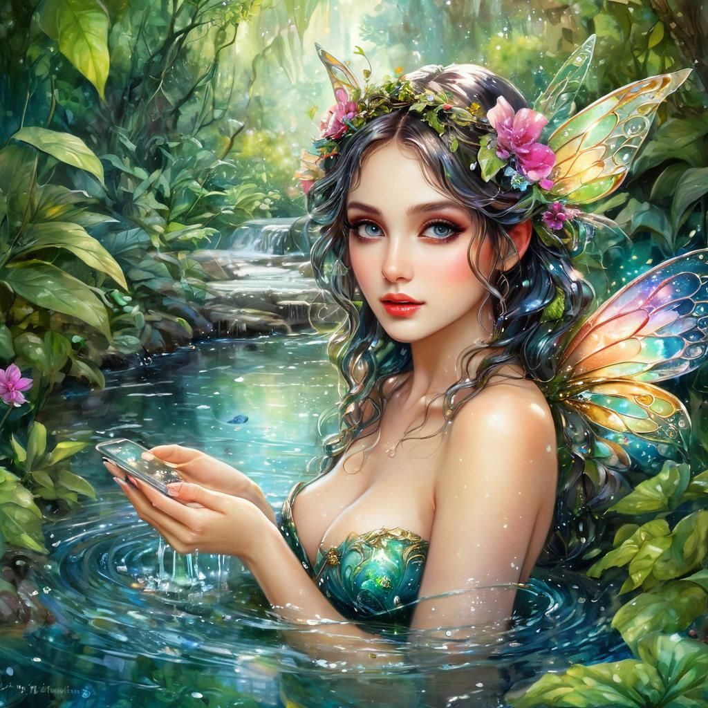 Beautiful Fairy in Lush Garden, Digital Illustration