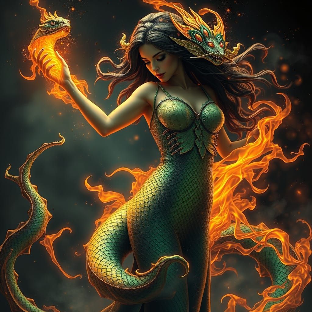 Ethereal Goddess with Serpent Body in Iridescent Scales